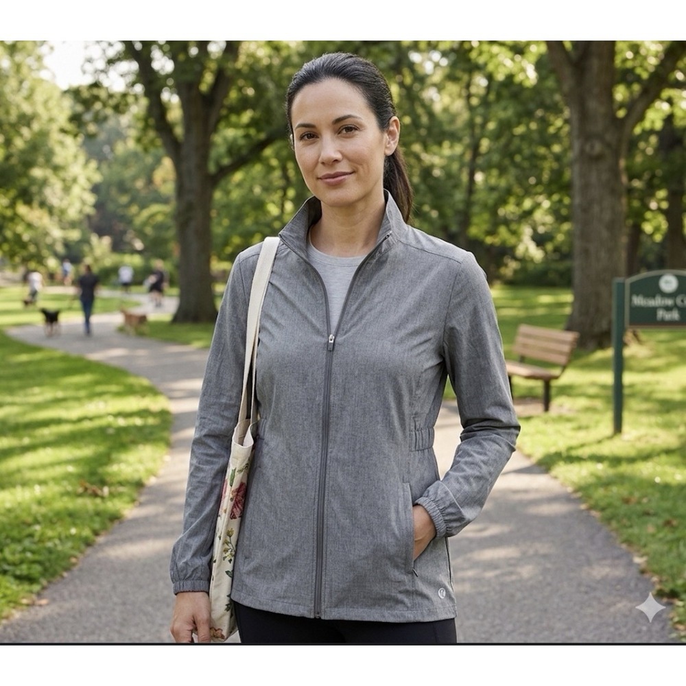 Hang Ten Athleisure Jacket Women Sz L Gray Lightweight Zip Front Yoga Gym Casual